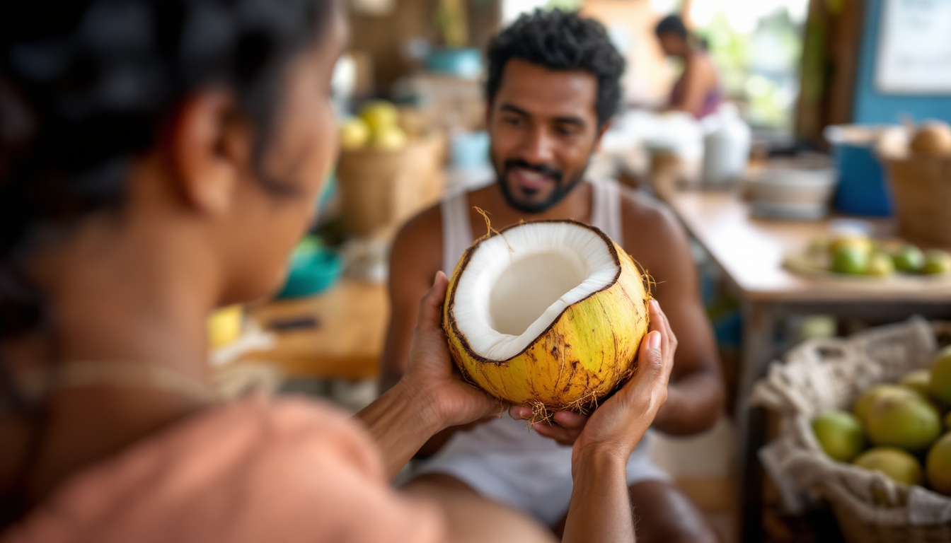 마카푸노 코코넛을 손으로 들고 무게감과 소리를 확인하는 모습