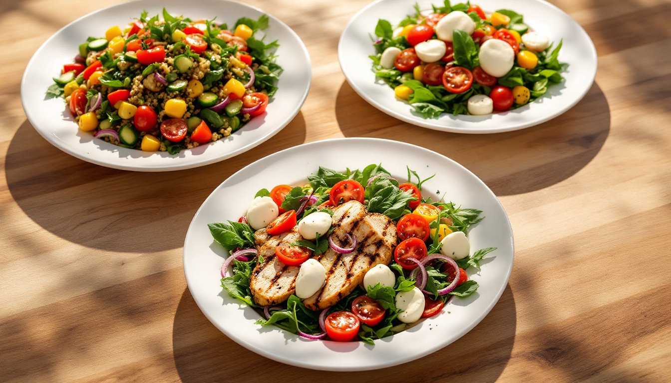 방-울토마토를 활용한 건강한 다양한 샐러드 접시들