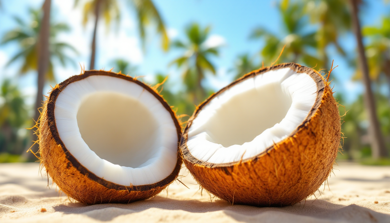 마카푸노 코코넛과 일반 코코넛의 내부 모습을 보여주는 실사 이미지로, 마카푸노의 부드럽고 투명한 젤리 같은 과육과 일반 코코넛의 단단한 과육 및 맑은 코코넛 워터를 비교하여 보여준다