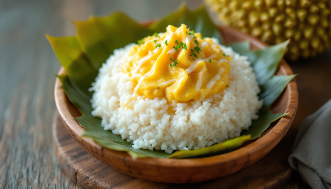 베트남 전통 디저트 쏘이 서우 리엥으로 제공된 Ri6 두리안 과육 사진