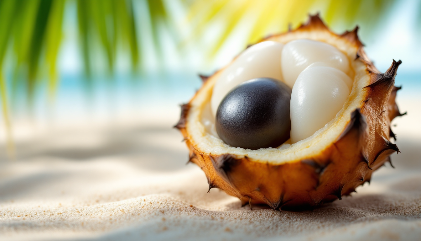 용안 과일의 껍질을 벗긴 모습과 투명한 과육, 검은 씨앗이 보이는 신비로운 열대 과일