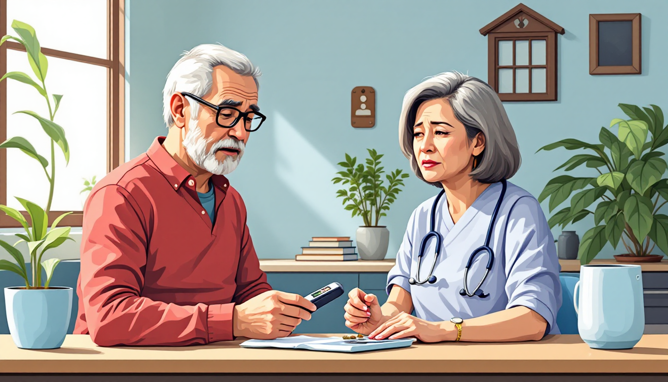 용안 섭취 후 혈당 급상승 위험을 나타내는 혈당 측정기와 혈당 관리하는 당뇨 환자