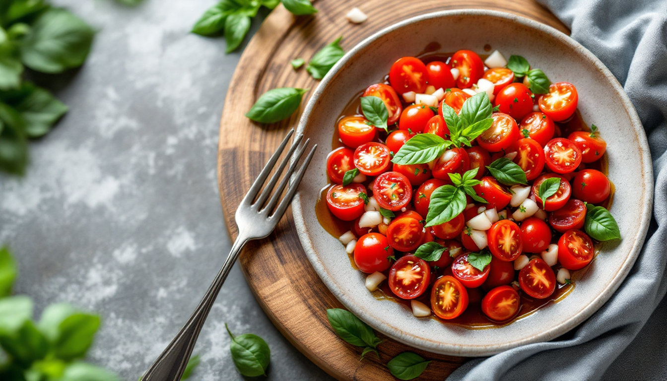 잘게 다진 양파와 바질을 곁들여 올리브오일과 발사믹 식초를 뿌린 대추방울토마토 마리네이드 샐러드