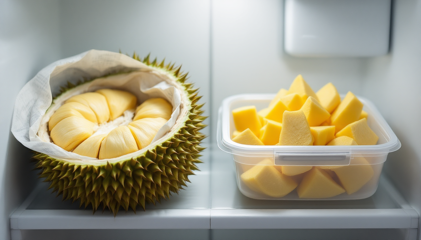실온에서 신문지로 감싼 통두리안과 밀폐용기에 담겨 냉장된 두리안 과육 보관법의 비교 이미지