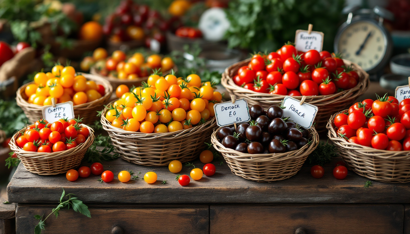 여러 품종의 방울토마토가 다양한 색상과 종류로 시장에 진열되어 있는 모습