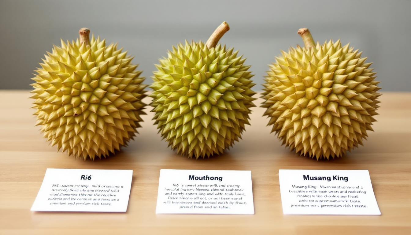 리식, 월통, 무상킹 세 가지 대표 두리안이 각각 특징 라벨과 함께 나란히 놓인 모습으로 최종 선택 가이드를 시각화한 장면