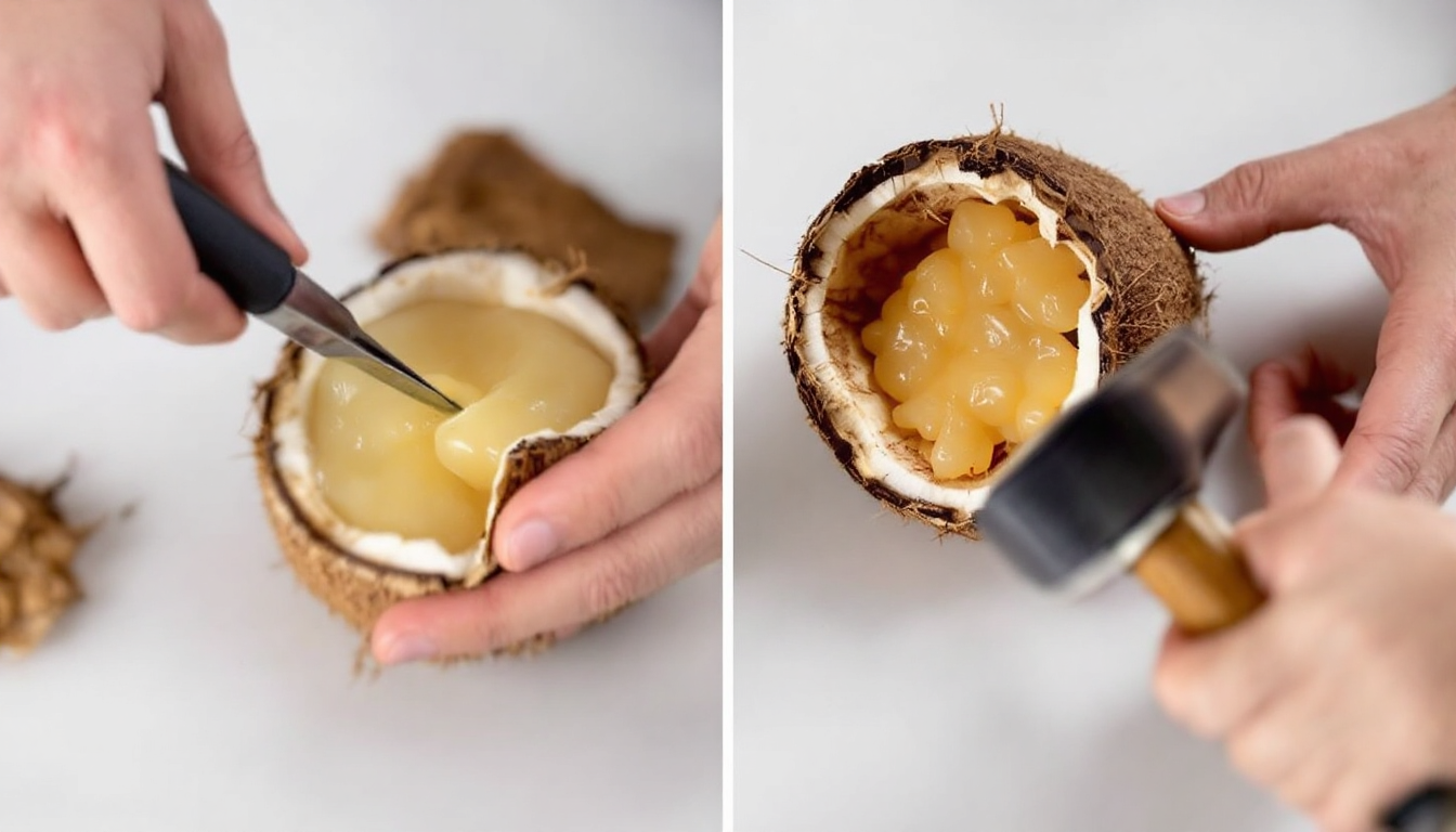 마카푸노 코코넛 손질 과정을 보여주는 셰프의 손과 깨진 코코넛