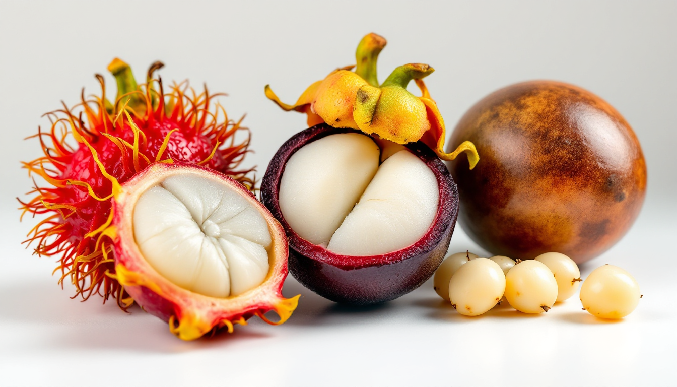 람부탄, 망고스틴, 용안 과일을 함께 배열한 이미지