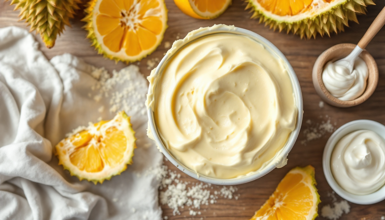 집에서 만든 부드럽고 고급스러운 두리안 아이스크림과 재료를 담은 주방 풍경