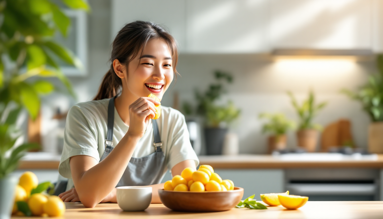 활기찬 분위기 속에서 신선한 용안을 간식으로 즐기는 사람