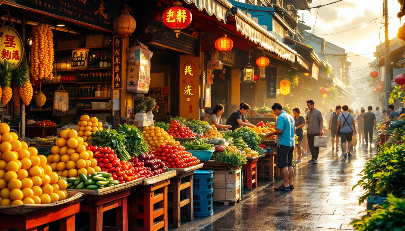 대만 전통 시장에서 활기차게 과일을 사고 있는 모습의 현장 사진