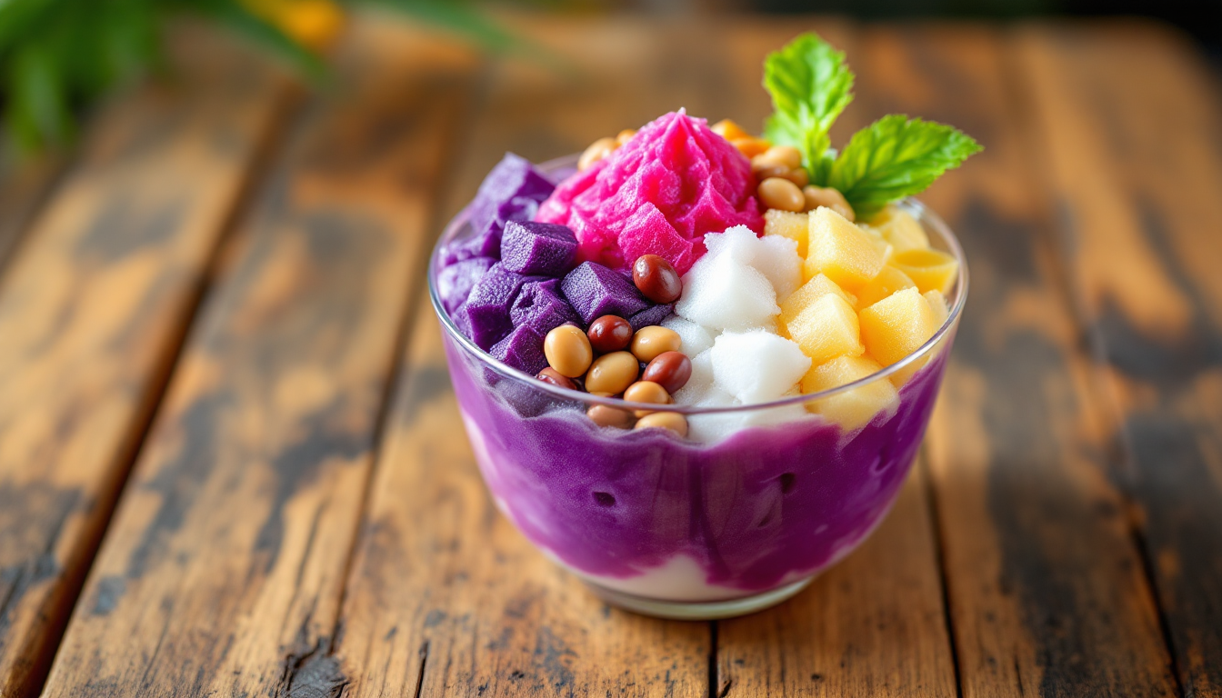 필리핀 전통 디저트 할로할로에 마카푸노 코코넛 젤리가 듬뿍 올라간 모습의 컬러풀한 실사 이미지