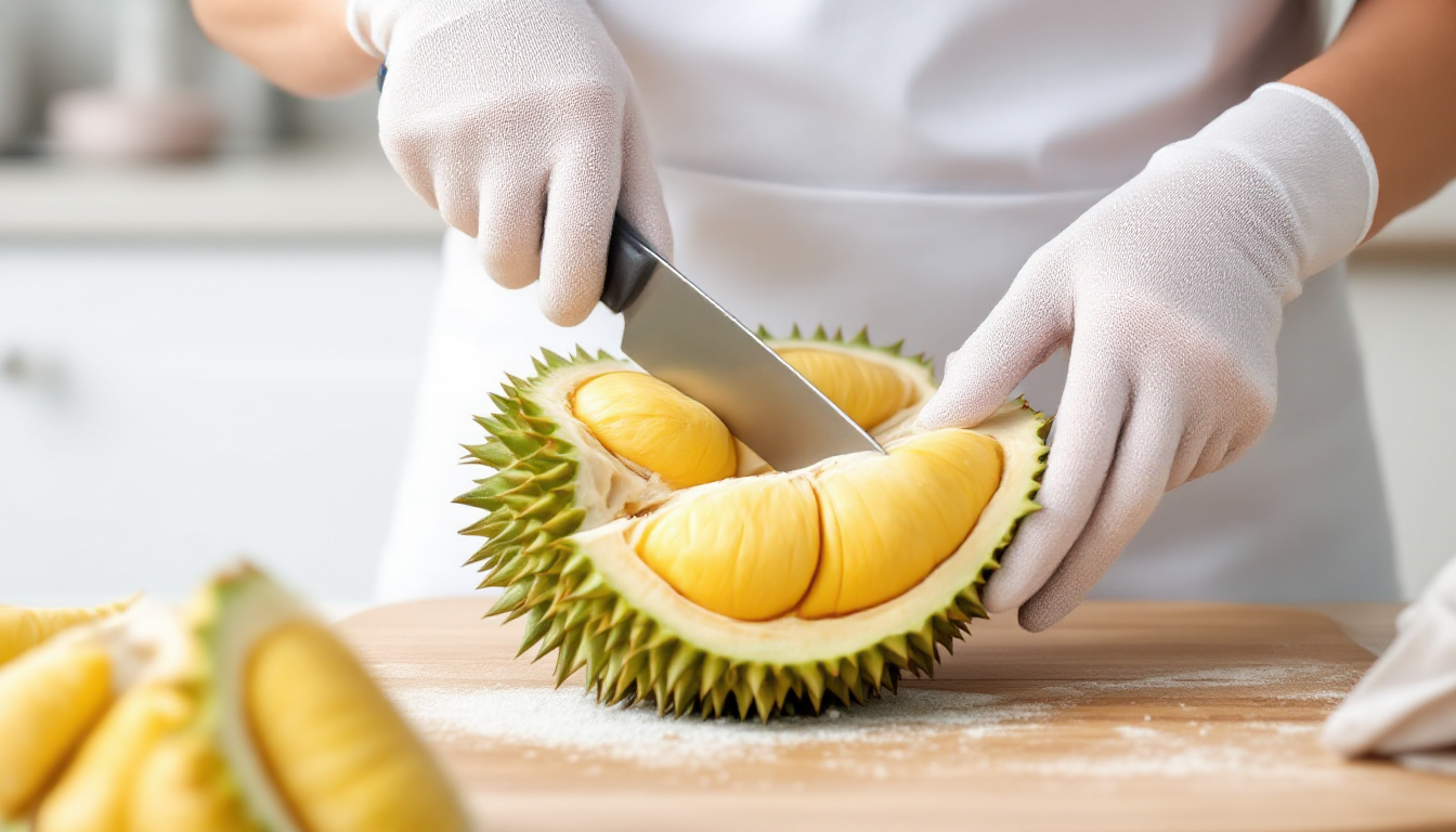 두꺼운 장갑을 끼고 칼로 Ri6 두리안을 안전하게 손질하는 모습