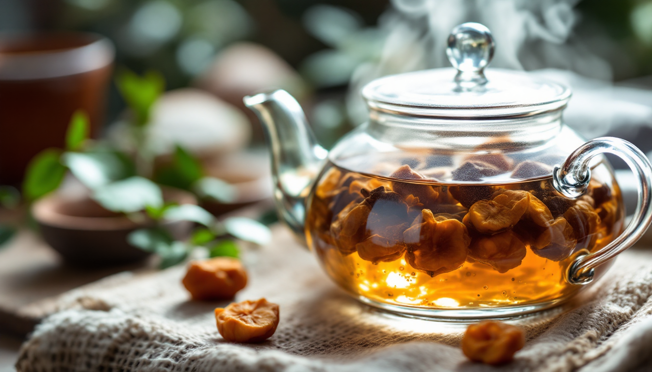 투명 유리 주전자에서 뜨거운 물에 우려낸 건조 용안차의 모습