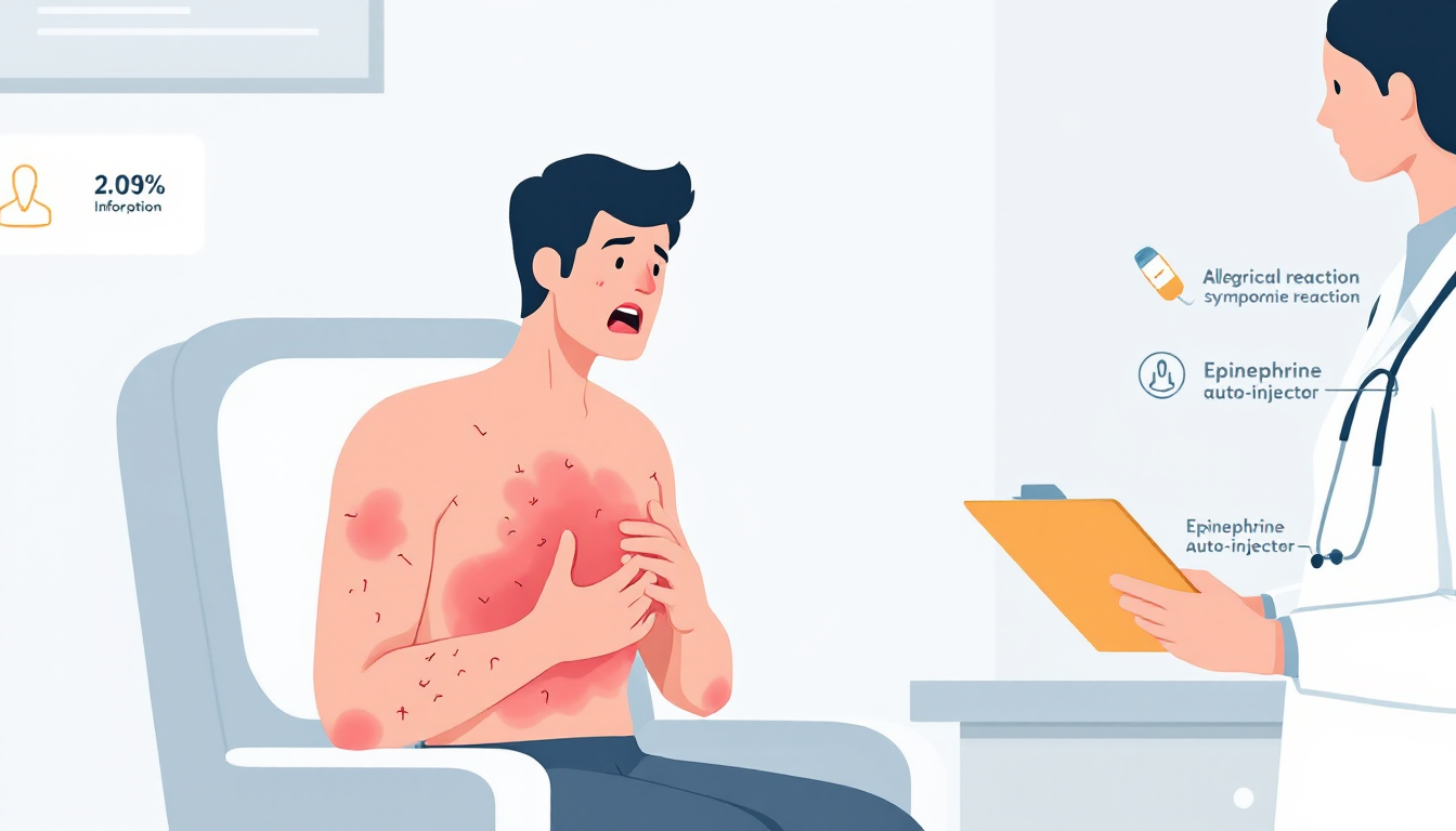 용안 알레르기 반응 증상인 발진, 입술과 혀 부종, 호흡기 문제를 보여주는 의료 인포그래픽