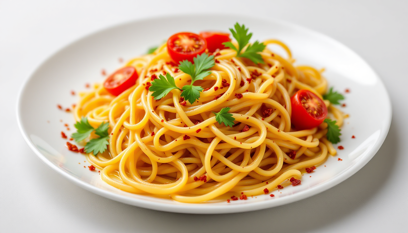 올리브오일과 마늘, 페페론치노, 반으로 자른 대추방울토마토가 어우러진 고급스러운 파스타 요리