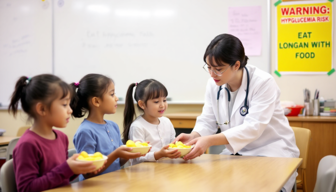 어린이가 공복에 용안 섭취를 조심하는 것을 보여주는 보호자가 지켜보는 안전한 섭취 이미지