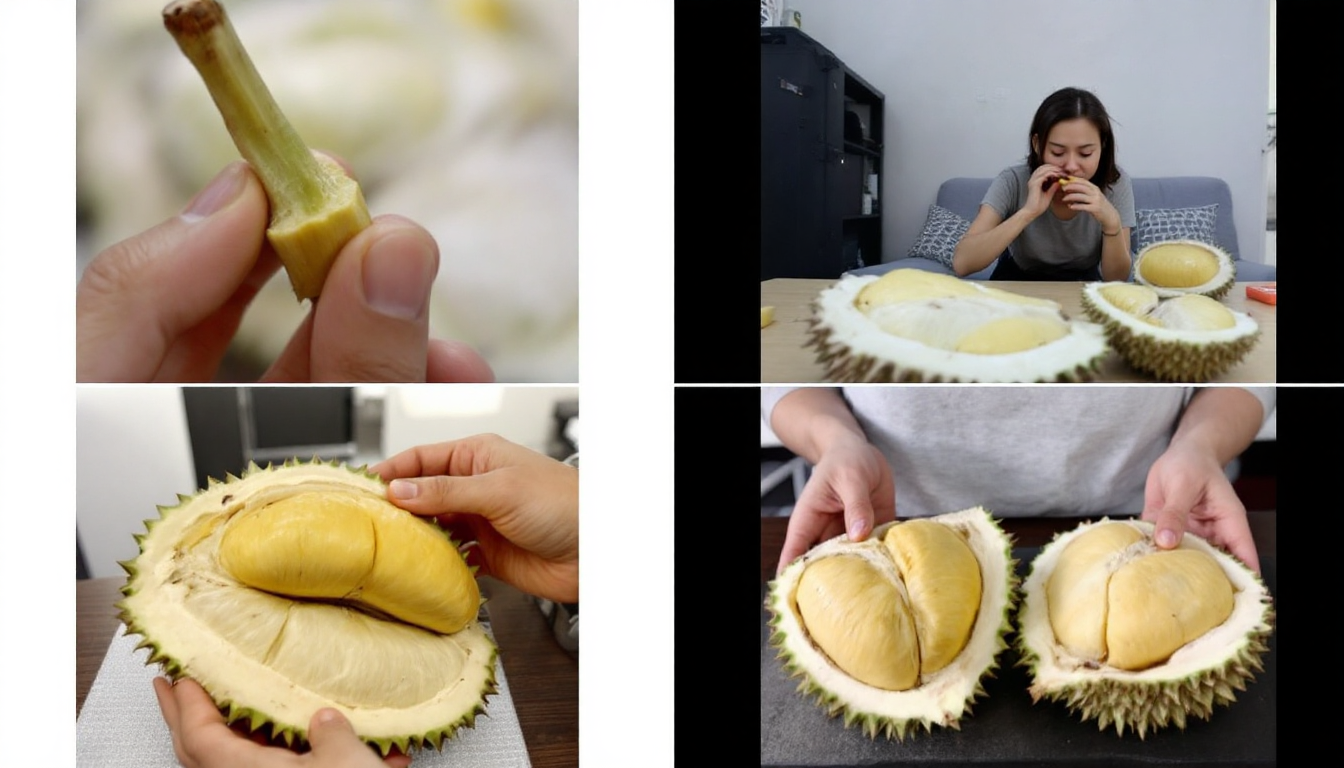 신선한 두리안 고르는 법 체크리스트를 보여주는 다양한 검사 방법 사진들