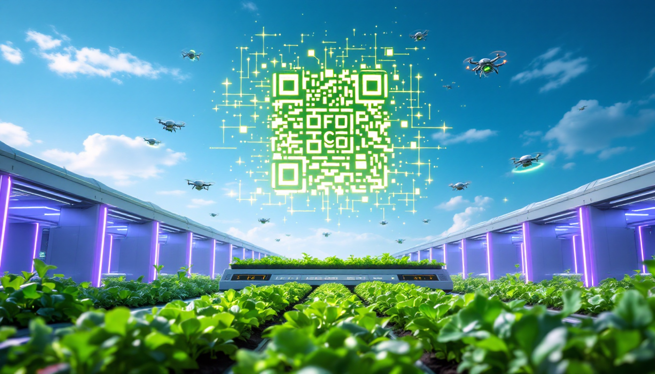 디지털 농업 기술이 적용된 미래 농장 풍경, IoT 센서와 드론, 블록체인 QR 코드의 시각화
