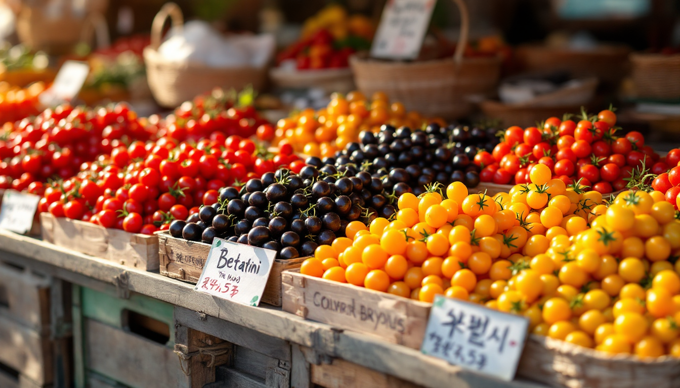 다양한 대추방울토마토 품종들이 색과 형태별로 구분되어 진열된 모습