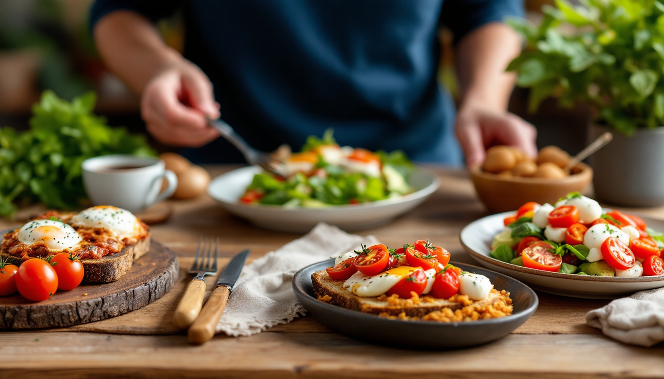 방-울토마토로 만든 다양한 브런치 요리를 담은 다채로운 식탁