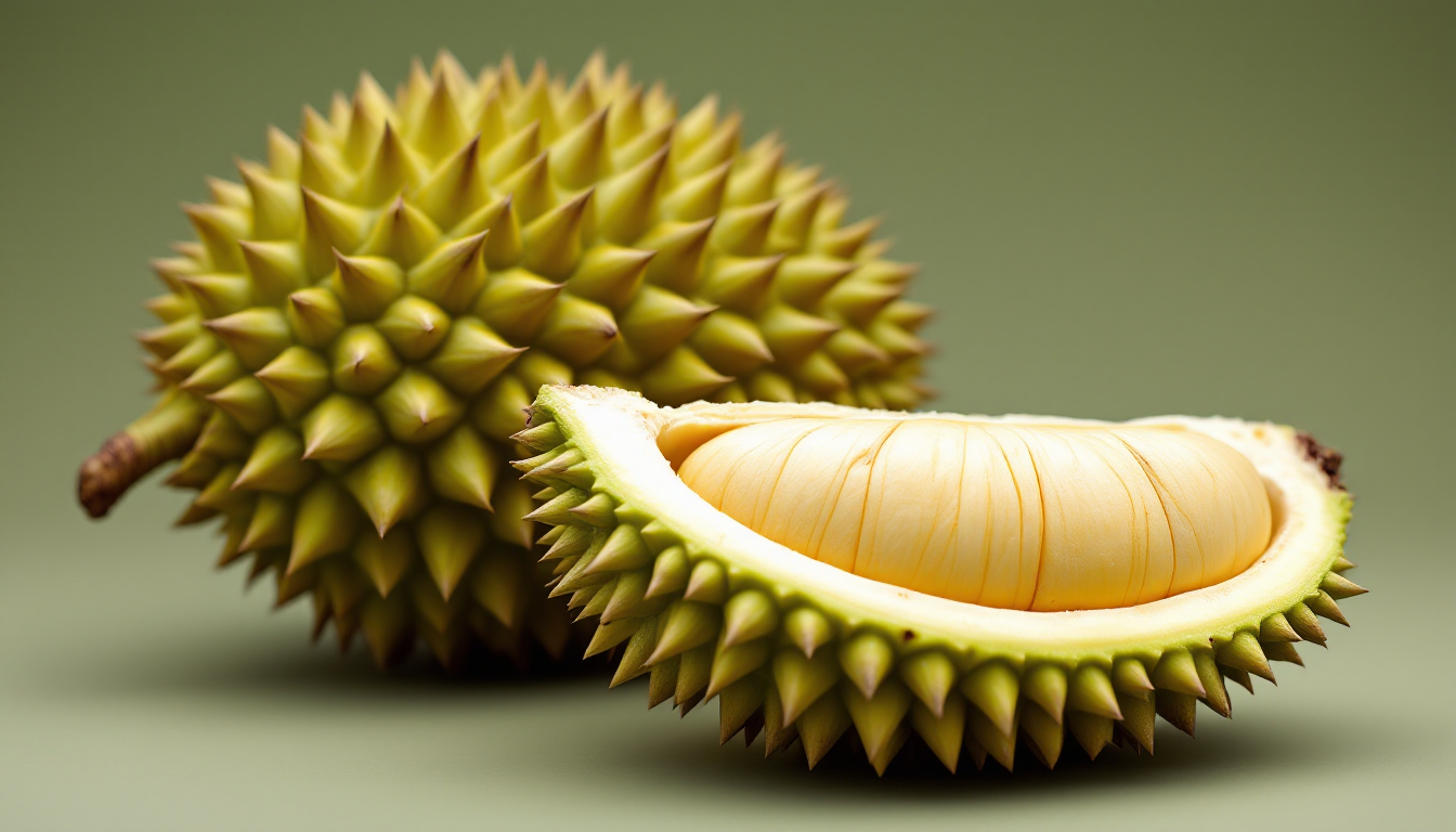 태국 월통 두리안과 밝은 연노란색 과육이 드러난 모습