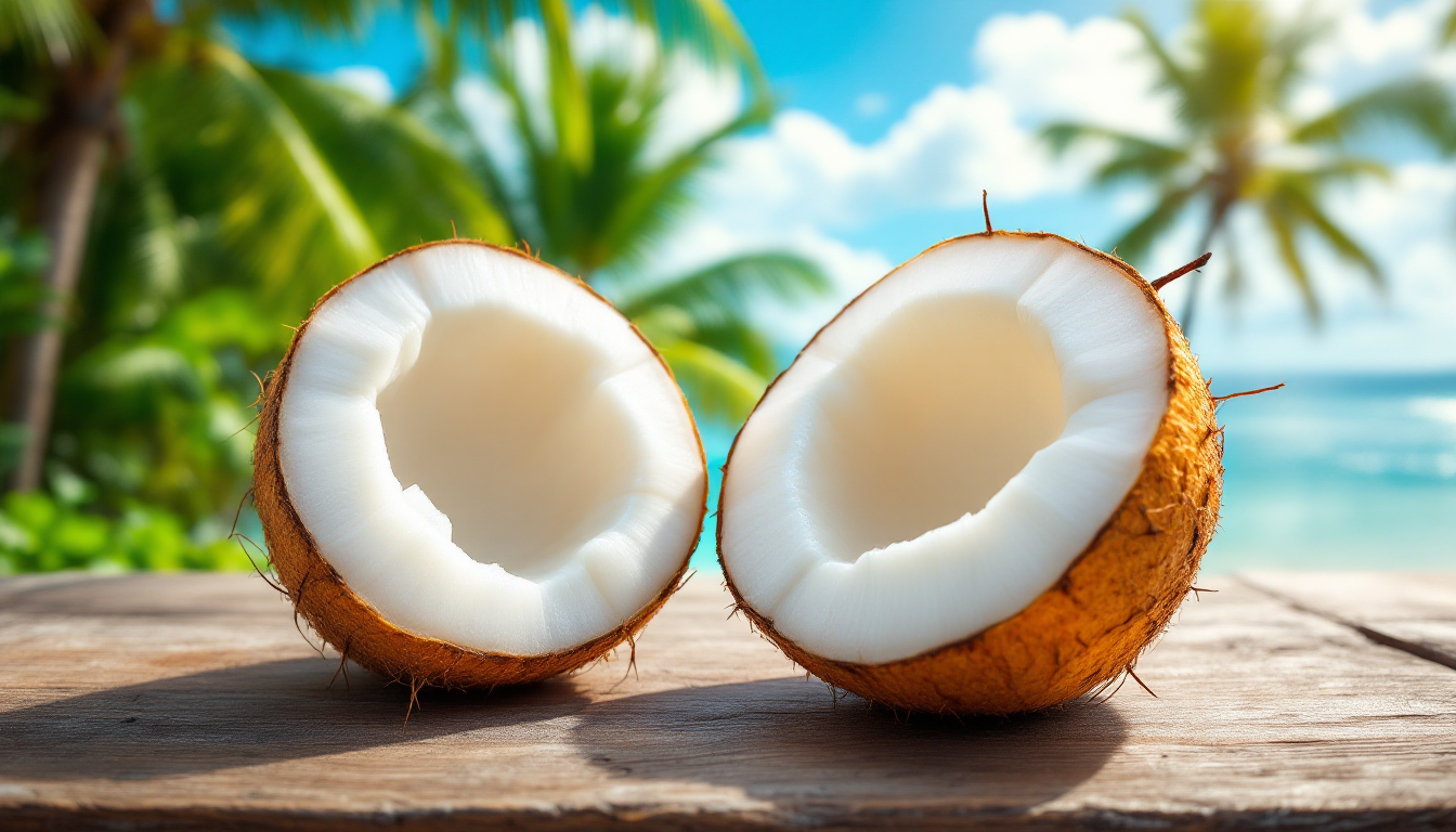 특별한 젤리 같은 식감의 마카푸노 코코넛 과일이 반으로 갈라져 안의 반투명하고 부드러운 과육을 보여주는 모습