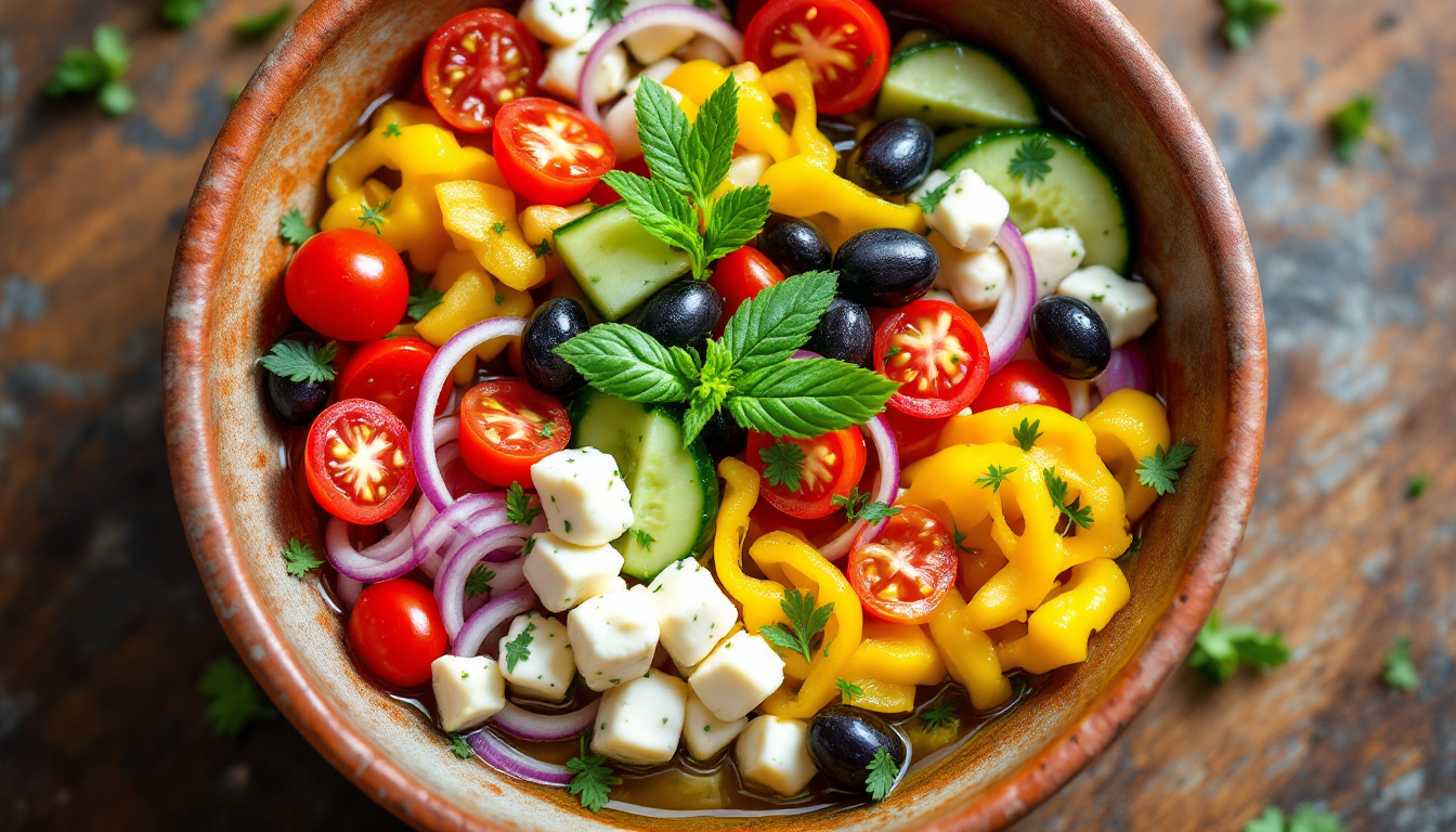 대추방울토마토, 오이, 적양파, 파프리카, 올리브, 페타치즈가 들어간 지중해식 그릭 샐러드