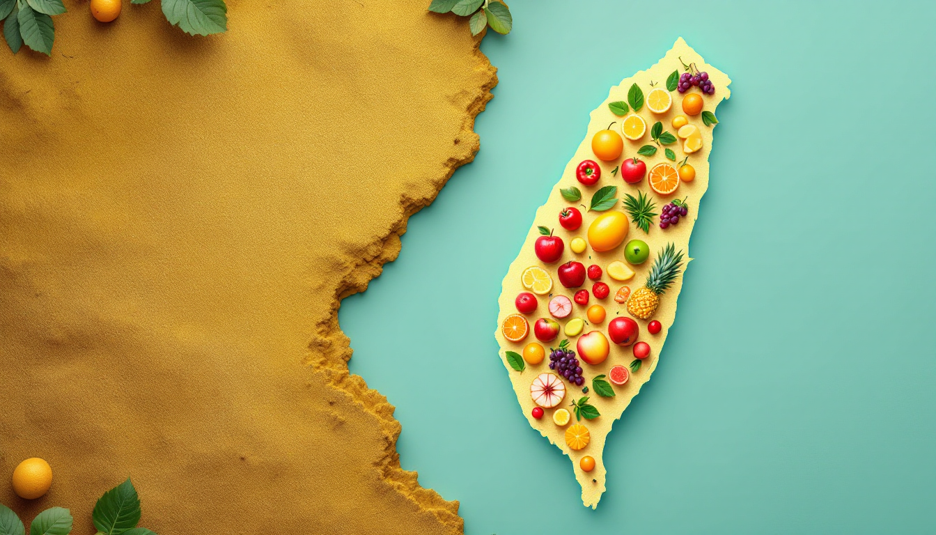 대만의 주요 과일 생산 지역과 특산 과일을 아이콘으로 표시한 지역별 과일 지도