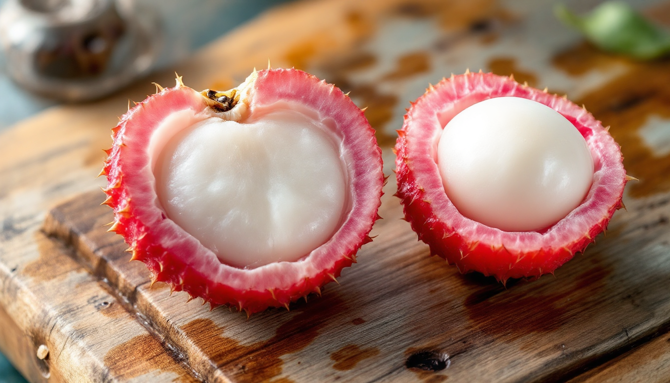 자른 리치 과일과 용안 과일의 단면, 과육과 씨가 보이는 이미지