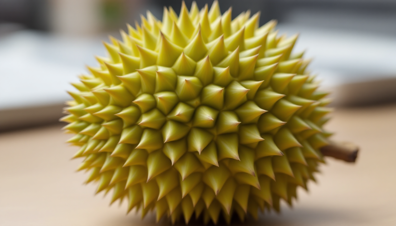 Ri6 두리안의 큰 가시와 넓게 퍼진 가시 배열의 클로즈업 사진