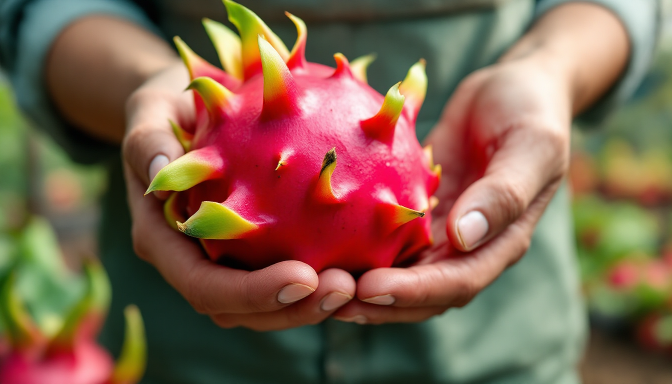2025년 베트남 유기농 붉은 용과를 농장에서 들고 있는 모습