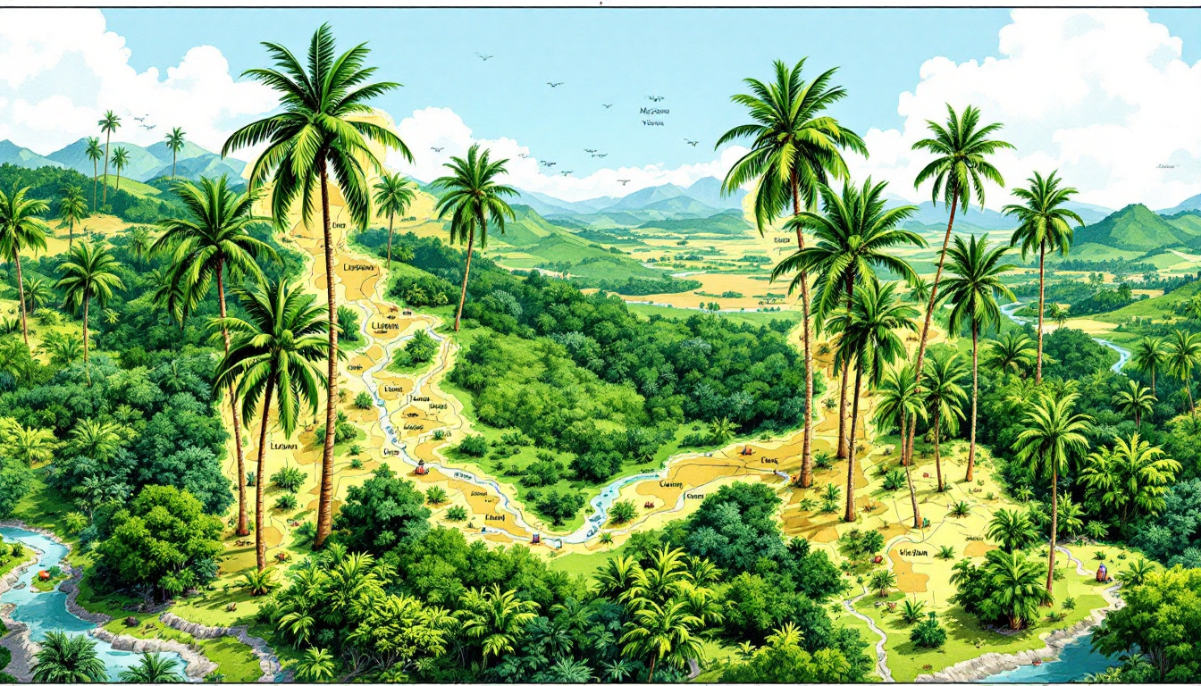 필리핀 루손, 레이테 지역과 베트남 짜빈, 카오께 등 마카푸노 코코넛 재배 주요 지역을 보여주는 지도와 그 주변의 코코넛 나무와 열대 풍경