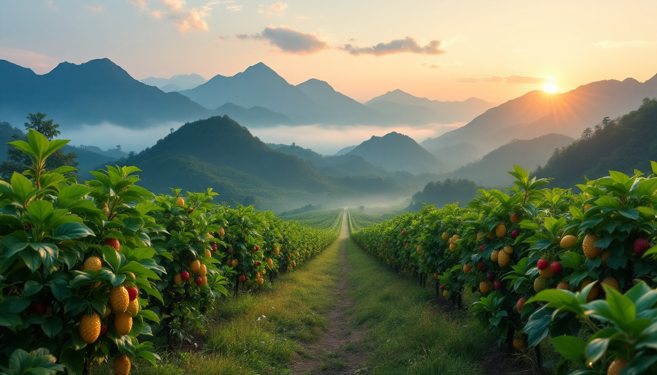 대만의 열대 과수원이 아침 햇살 아래 다양한 과일과 푸른 풍경과 함께 펼쳐져 있는 모습