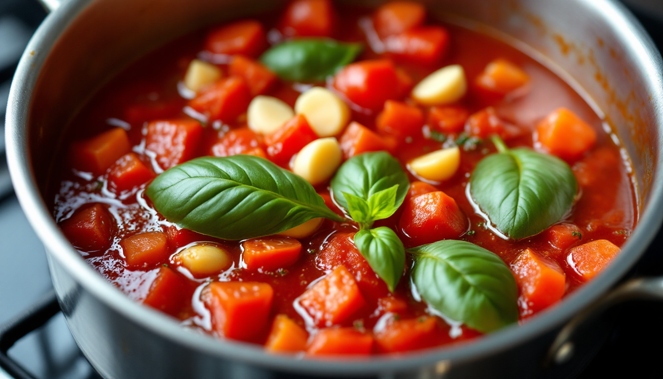 집에서 만든 방-울토마토 마리나라 소스가 냄비에서 부글부글 끓는 모습