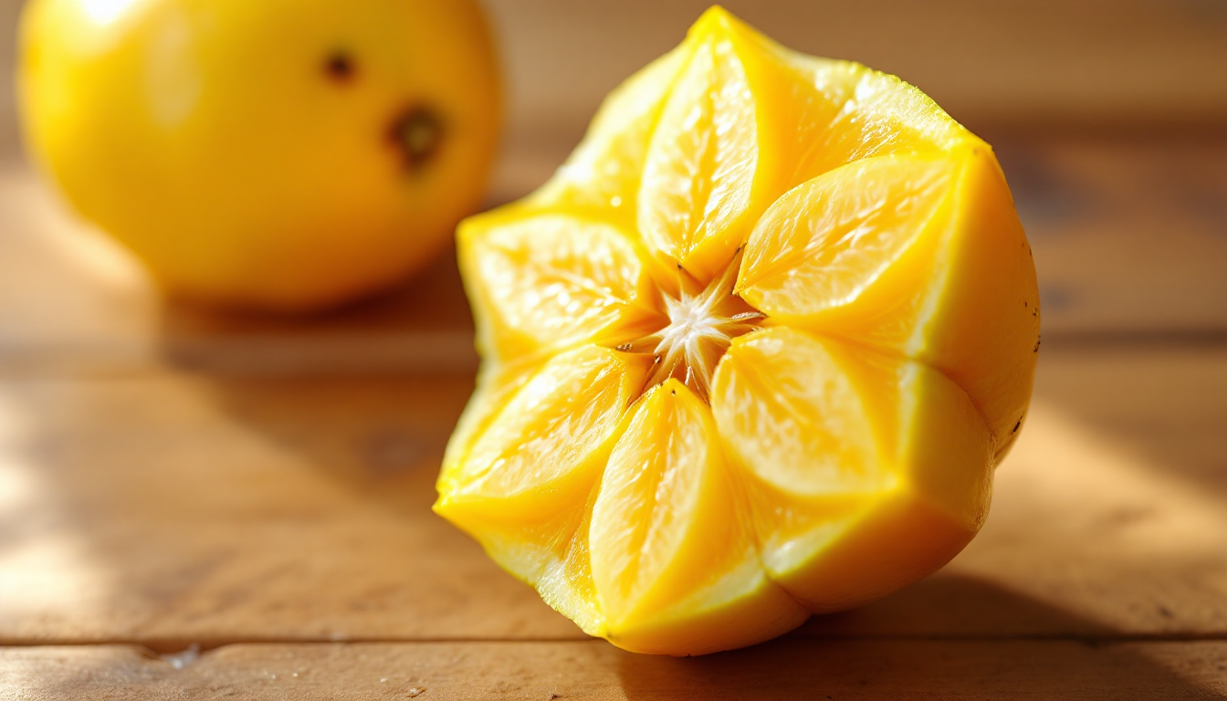 완벽한 별 모양의 단면이 보이는 신선한 노란색 양타오 과일 클로즈업 사진