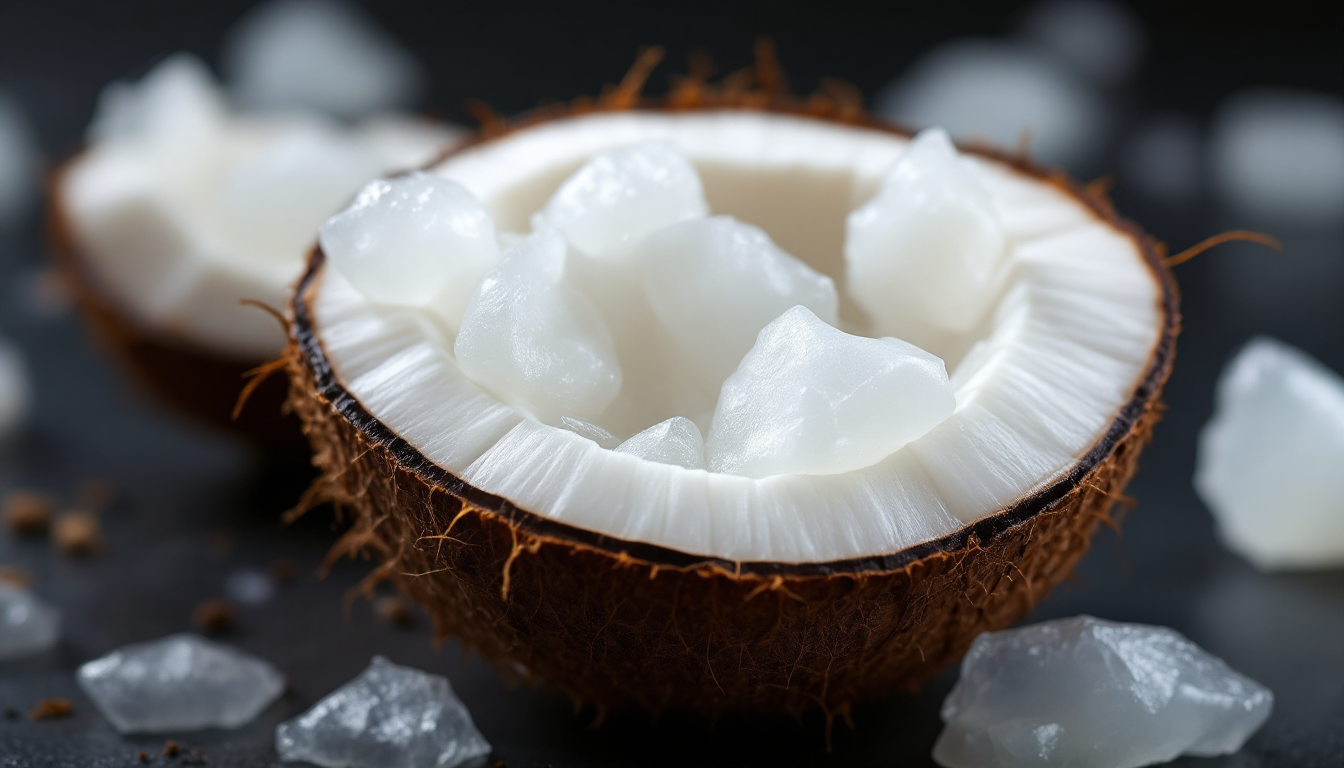 마카푸노 코코넛의 반투명하고 크리미하며 쫀득한 과육 질감을 매우 세밀하게 클로즈업한 이미지