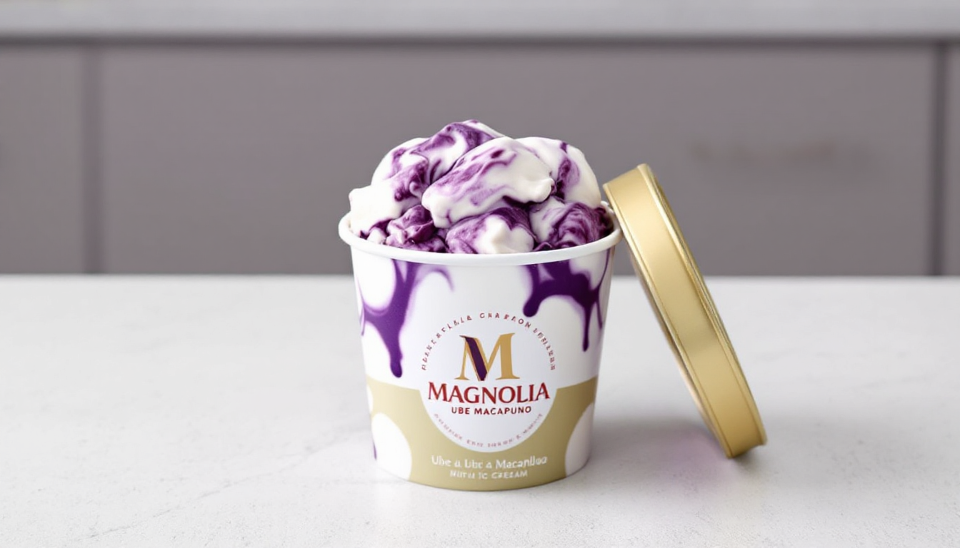 브랜드를 보여주는 매그놀리아 우베 마카푸노 아이스크림 포장과 아이스크림 내부
