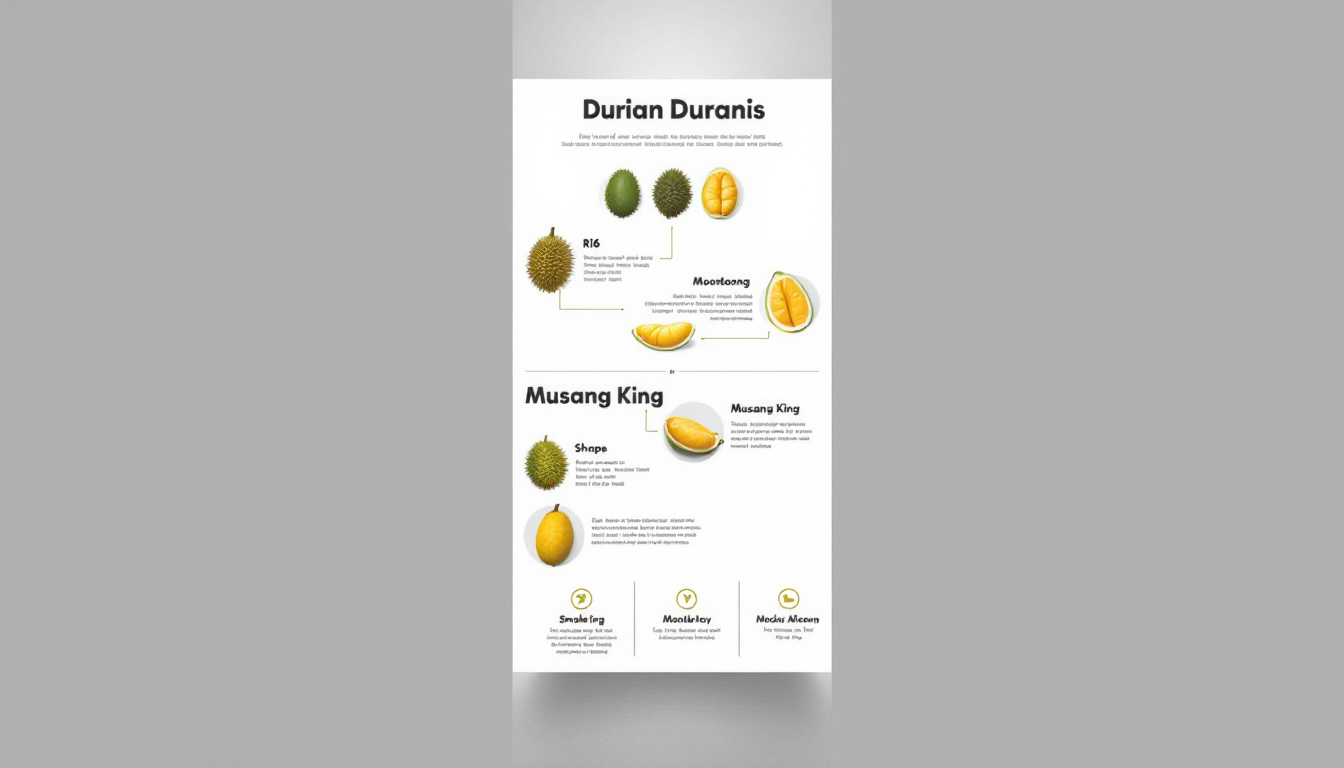 Ri6, 몬통, 무상킹 세 가지 두리안 품종의 크기, 모양, 색상, 질감 비교 인포그래픽
