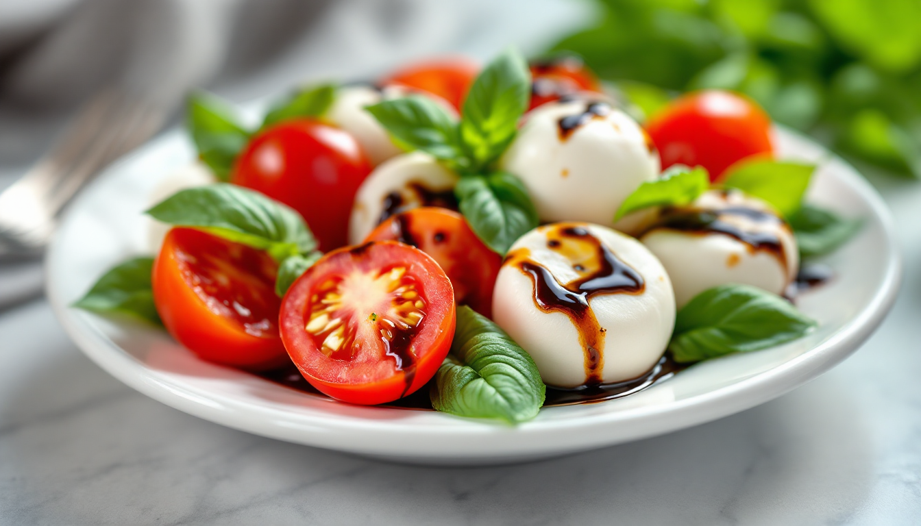 대추방울토마토와 모짜렐라 치즈, 바질잎을 번갈아 담고 올리브오일과 발사믹 글레이즈를 뿌린 카프레제 샐러드