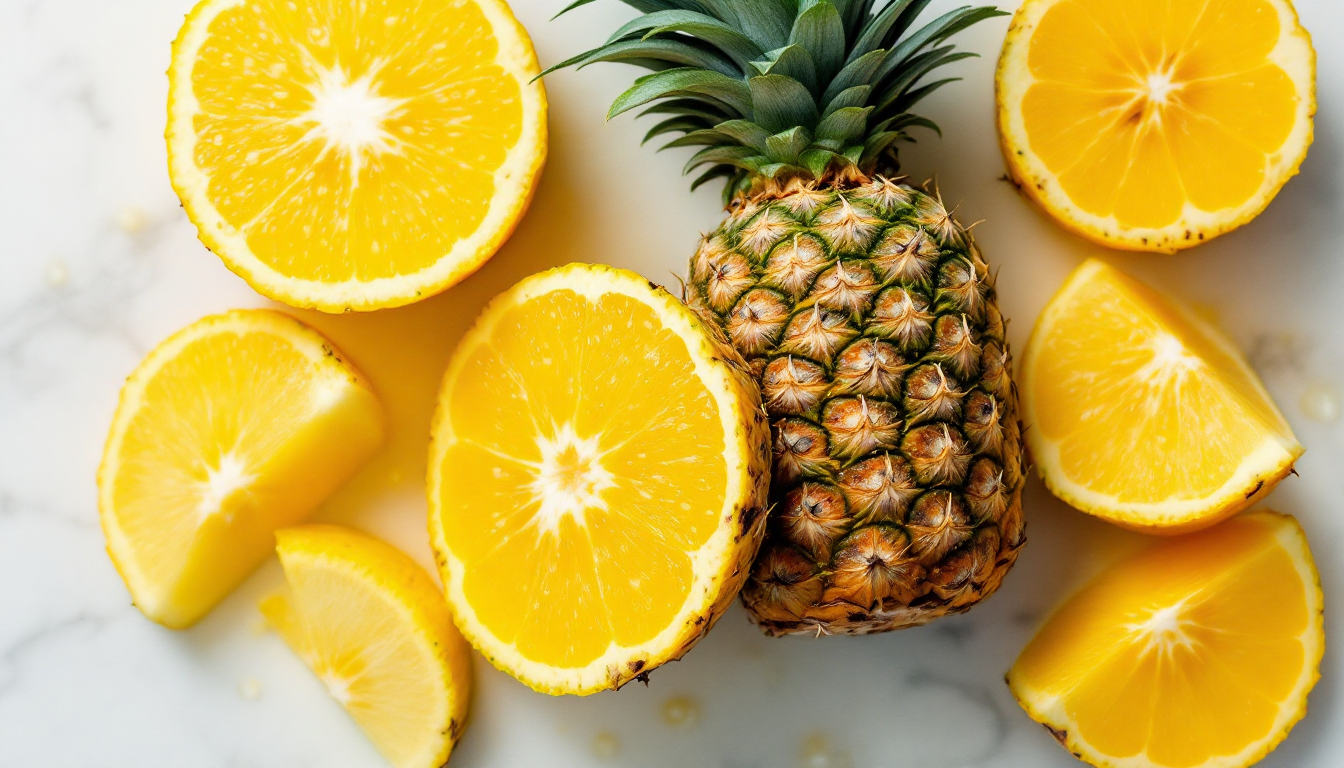 스타후르츠와 파인애플을 나란히 놓아 두 과일의 특징적인 모양과 질감 차이를 보여주는 실사 사진