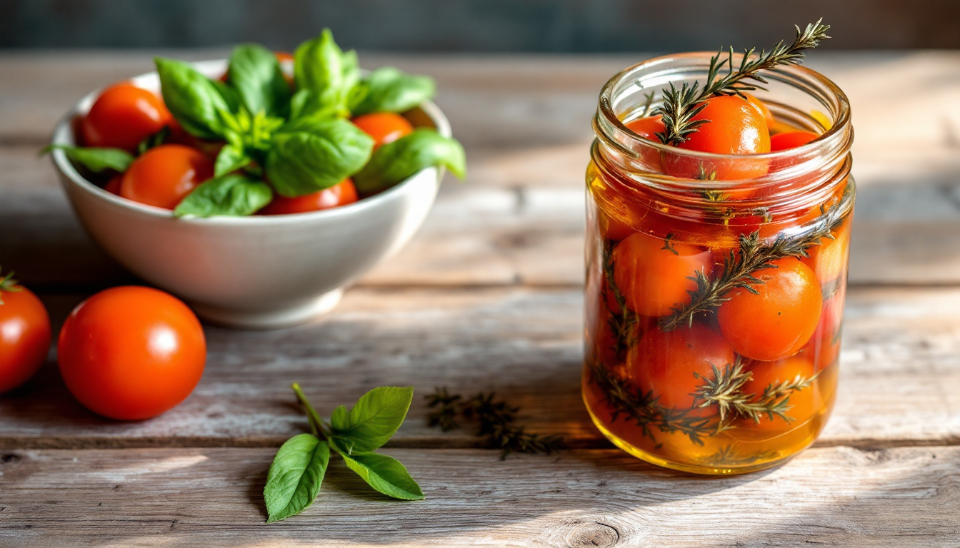 방-울토마토 절임과 콩피 요리 이미지