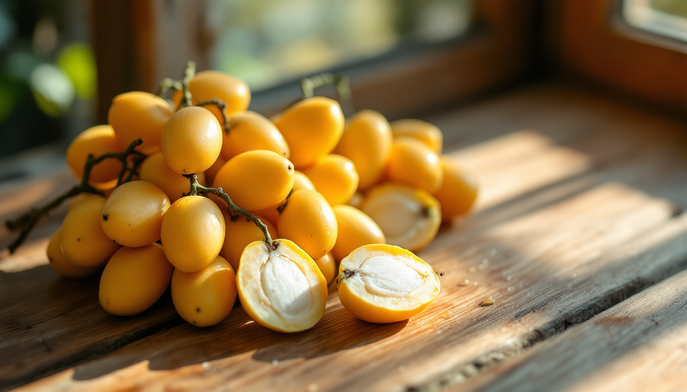 신선하고 탱글탱글한 용안 과일을 여름 햇빛 아래 나무 테이블 위에 놓은 사진