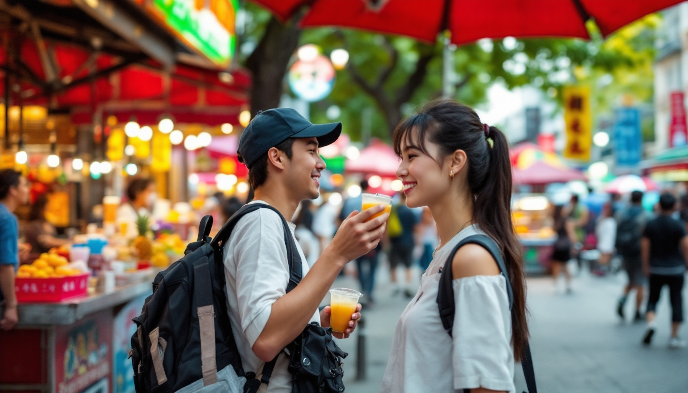 타이베이에서 과일 여행 코스를 즐기는 관광객과 도시 풍경