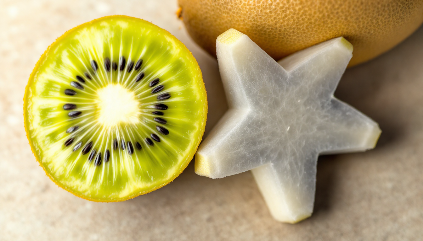 반으로 자른 키위와 별 모양으로 자른 스타후르츠를 나란히 배치해 두 과일의 색감과 식감 차이를 보여주는 사진