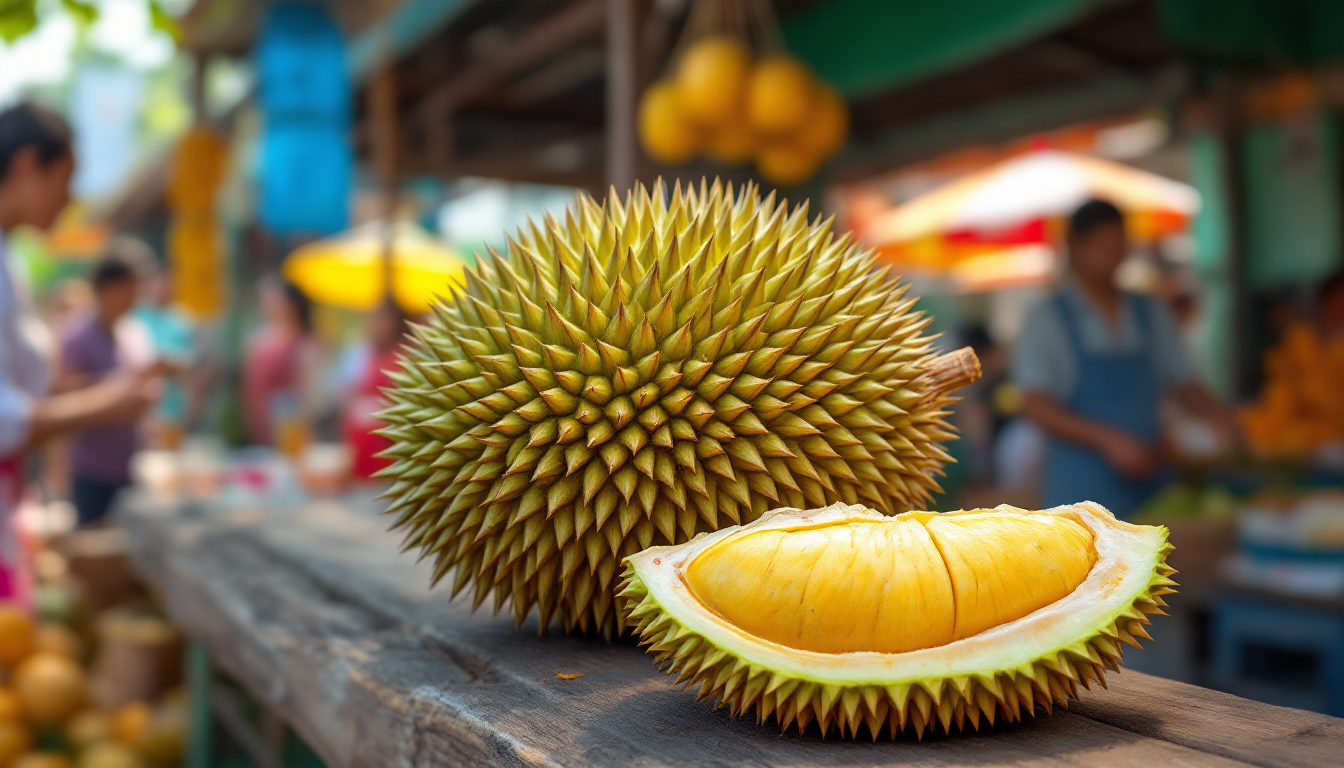 동남아시아의 열대 시장에서 판매 중인 크고 뾰족한 타원형 두리안 과일과 배경의 현지인들