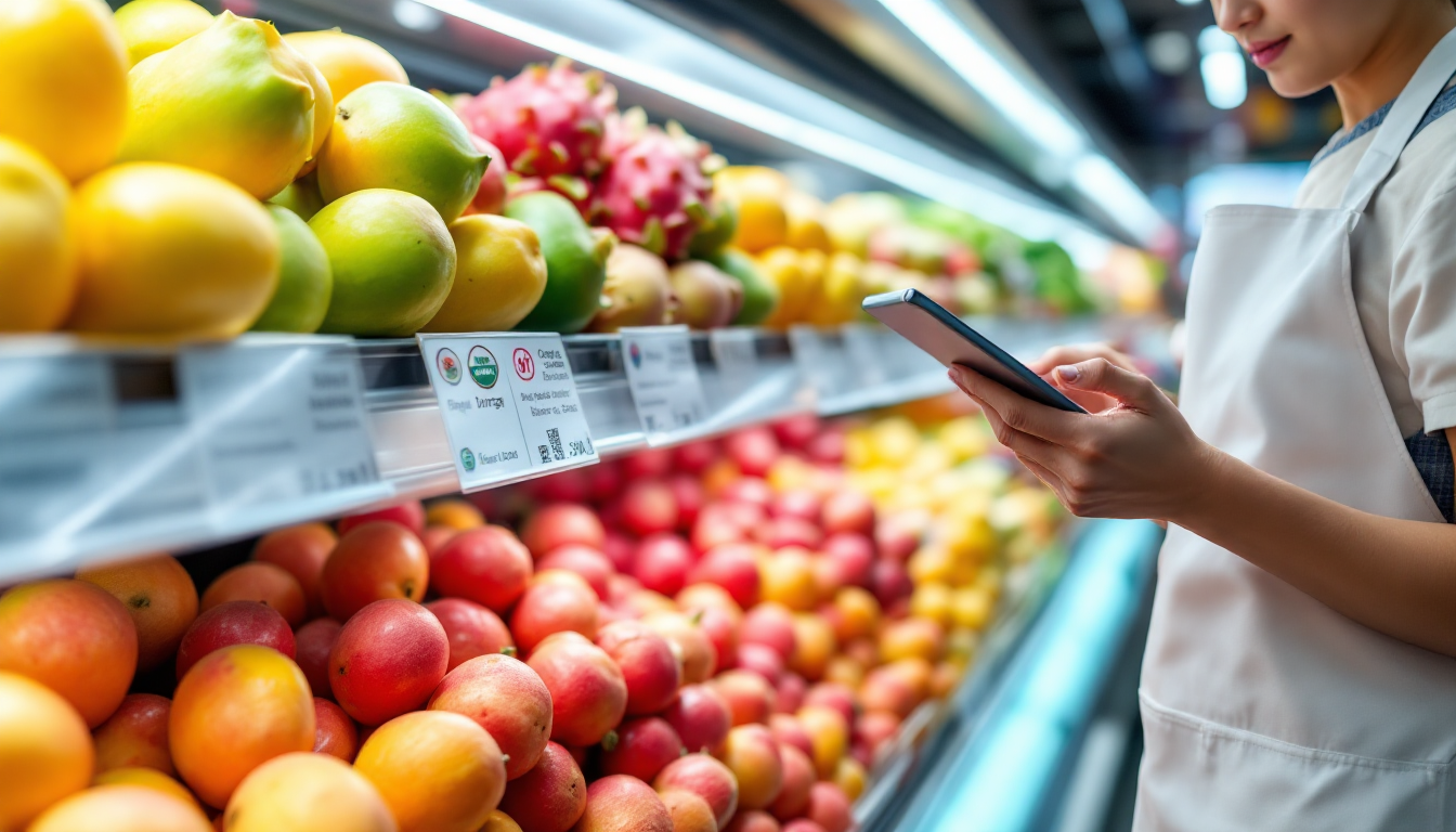 2025년 한국에서 베트남 유기농 과일을 구매하는 소비자가 마트에서 유기농 인증 마크를 확인하는 모습