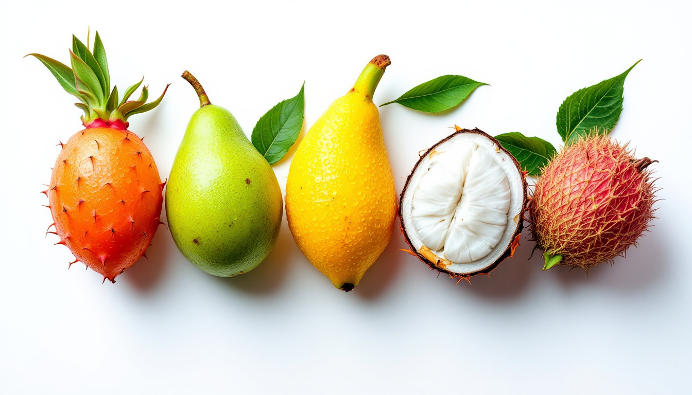 베트남 유기농 과일 7종이 흰 배경에 개별적으로 놓여 있는 모습