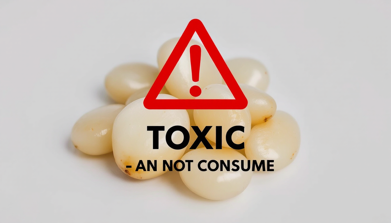 용안 씨앗의 독성 경고를 나타내는 씨앗 클로즈업 사진