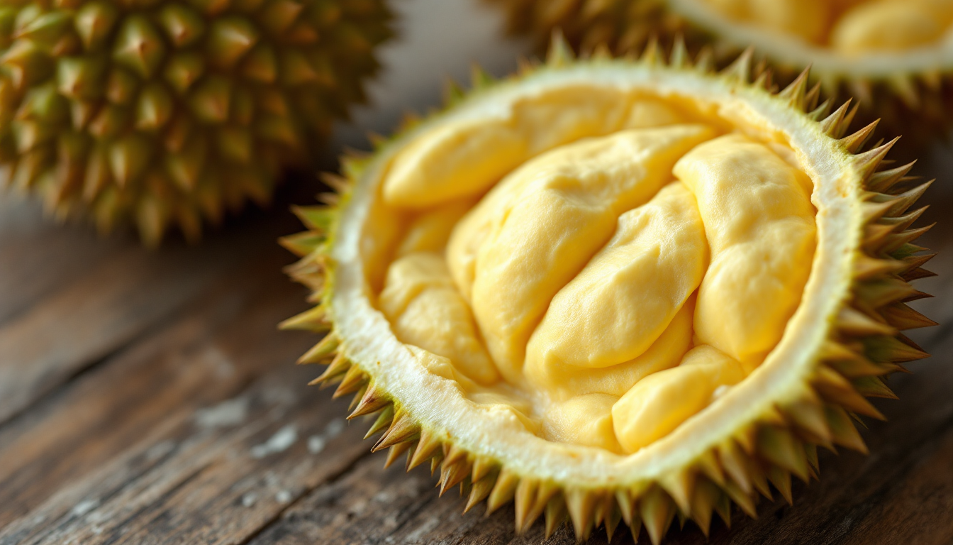 부드럽고 크리미한 연한 노란색 두리안 과육 클로즈업과 뾰족한 껍질 배경
